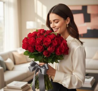Mujer elegante sonriendo y oliendo un gran ramo de 72 rosas rojas atadas con un lazo gris, en un salón de lujo.