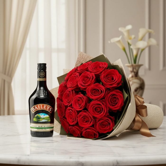 Elegante bouquet de rosas rojas frescas y una botella de Baileys original, presentado sobre una superficie de mármol en un en