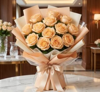 Bouquet de 12 rosas Celestina color melocotón en empaque coreano, sobre mesa de mármol en un ambiente elegante de floristería