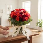 Manos delicadas colocando una tarjeta en un sobre junto a un exuberante bouquet de 72 rosas FILIPPA de colores vibrantes (roj