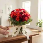Manos delicadas colocando una tarjeta en un sobre junto a un exuberante bouquet de 72 rosas FILIPPA de colores vibrantes (roj