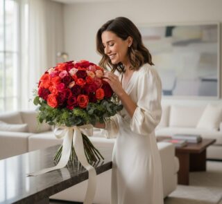 Mujer elegante sonriendo y admirando un gran bouquet de 72 rosas FILIPPA en tonos rojos y naranjas, en un lujoso salón.