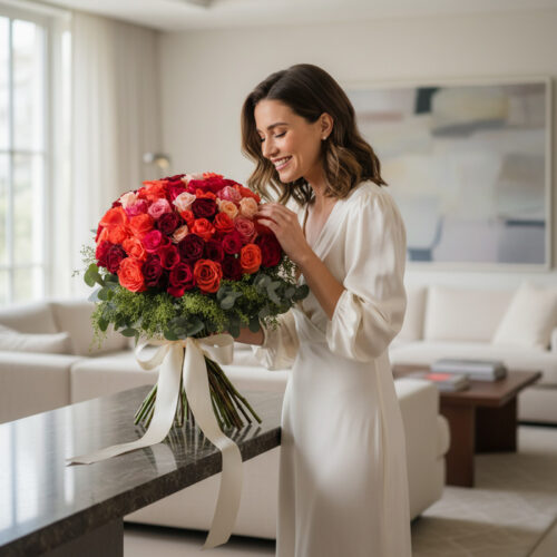 Mujer elegante sonriendo y admirando un gran bouquet de 72 rosas FILIPPA en tonos rojos y naranjas, en un lujoso salón.