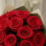 Primer plano extremo de un bouquet de rosas rojas frescas con gotas de rocío, textura hiperrealista y colores vibrantes, envu