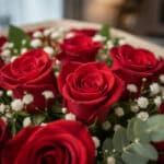 Primer plano extremo de un bouquet de rosas rojas frescas con gotas de rocío, hojas verdes y flores de paniculata, destacando