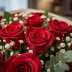 Primer plano extremo de un bouquet de rosas rojas frescas con gotas de rocío, hojas verdes y flores de paniculata, destacando