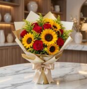 Elegante bouquet de rosas rojas y girasoles vibrantes, envuelto en papel dorado y lazo de seda, sobre mesa de mármol en flori