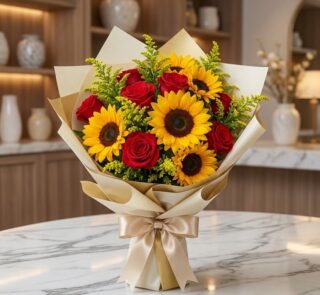 Elegante bouquet de rosas rojas y girasoles vibrantes, envuelto en papel dorado y lazo de seda, sobre mesa de mármol en flori