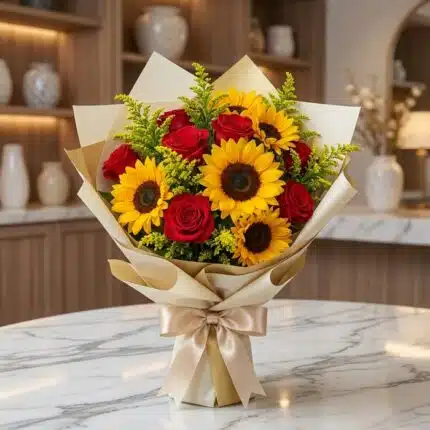 Elegante bouquet de rosas rojas y girasoles vibrantes, envuelto en papel dorado y lazo de seda, sobre mesa de mármol en flori