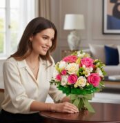 Mujer joven sonriente admirando un Bouquet de Rosas Rosadas y Blancas LARAINA con un moño verde, en un entorno de hogar lujos