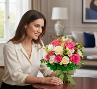 Mujer joven sonriente admirando un Bouquet de Rosas Rosadas y Blancas LARAINA con un moño verde, en un entorno de hogar lujos