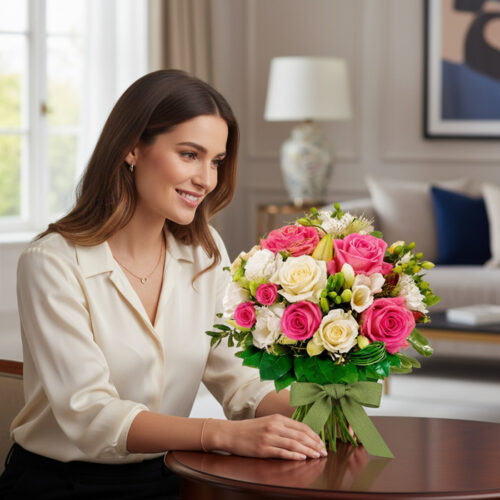 Mujer joven sonriente admirando un Bouquet de Rosas Rosadas y Blancas LARAINA con un moño verde, en un entorno de hogar lujos