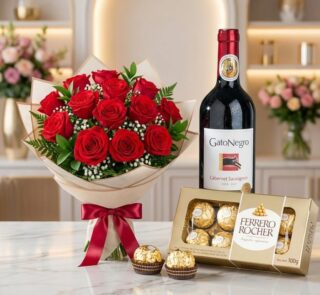 Elegante bouquet de rosas rojas frescas, botella de vino tinto Gato Negro Cabernet Sauvignon y caja de chocolates Ferrero Roc