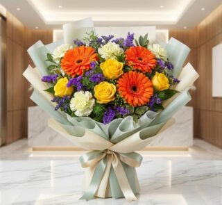 Bouquet Floral SABRINA con rosas amarillas, gerberas naranjas y flores de relleno moradas, envuelto en papel coreano elegante
