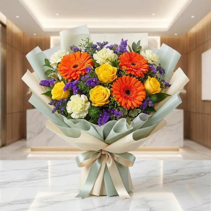 Bouquet Floral SABRINA con rosas amarillas, gerberas naranjas y flores de relleno moradas, envuelto en papel coreano elegante