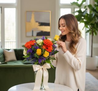 Mujer joven sonriendo y oliendo delicadamente una rosa amarilla de un bouquet vibrante con gerberas naranjas, rosas amarillas