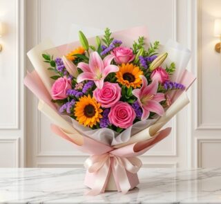 Bouquet SOFIA con rosas rosadas, lirios rosados y girasoles, envuelto en papel coreano elegante sobre mármol blanco, ideal pa