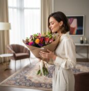Mujer elegante admirando y oliendo un Bouquet SOFIA con rosas naranjas, lirios verdes y flores moradas, envuelto en yute, en