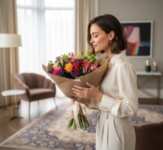 Mujer elegante admirando y oliendo un Bouquet SOFIA con rosas naranjas, lirios verdes y flores moradas, envuelto en yute, en