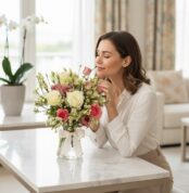 Mujer elegante y natural admirando el Bouquet Floral SUSANA con rosas y astromelias en un jarrón de cristal con lazo, en un i