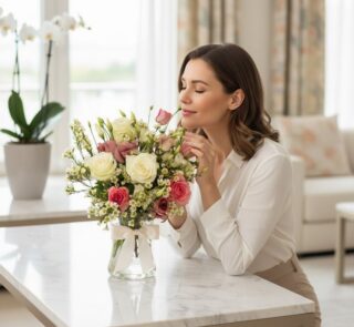 Mujer elegante y natural admirando el Bouquet Floral SUSANA con rosas y astromelias en un jarrón de cristal con lazo, en un i