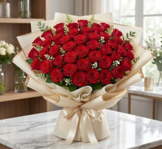 Impresionante Bouquet TIZIANA con 80 rosas rojas premium, empaque coreano elegante, sobre mármol, ideal para ecommerce de flo