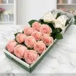 Caja de 12 rosas rosadas frescas y abiertas, con un moño elegante, sobre una superficie de mármol en un entorno de floristerí