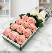 Caja de 12 rosas rosadas frescas y abiertas, con un moño elegante, sobre una superficie de mármol en un entorno de floristerí