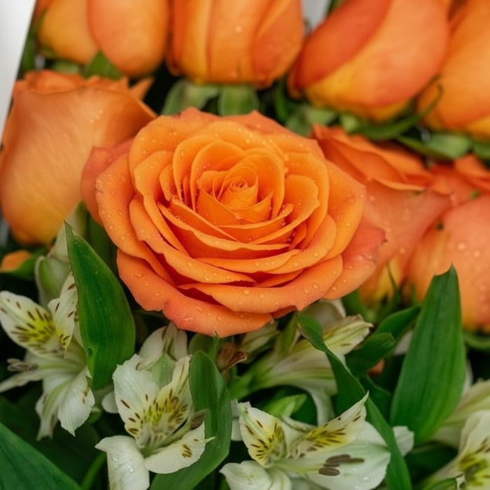Primer plano extremo de una rosa salmón vibrante con gotas de rocío, rodeada de alstroemerias blancas y follaje verde, destac
