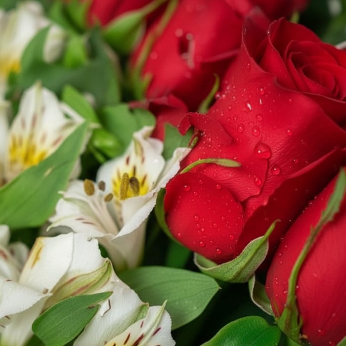 Primer plano extremo de una rosa roja con gotas de rocío, rodeada de alstroemerias blancas y follaje verde, destacando la fre