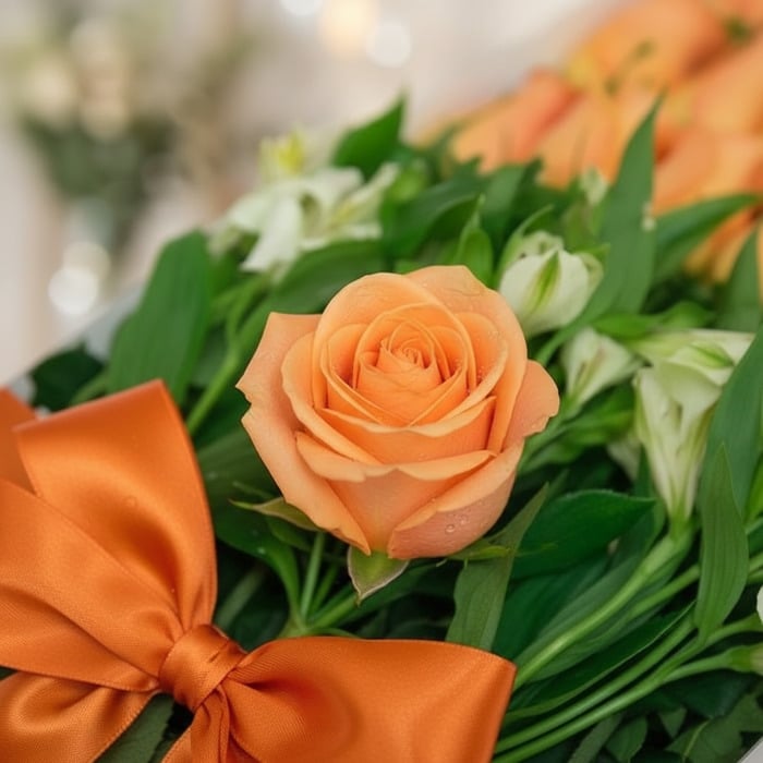 Primer plano extremo de una rosa salmón vibrante con sutiles gotas de rocío, rodeada de follaje verde y un lazo naranja, dest