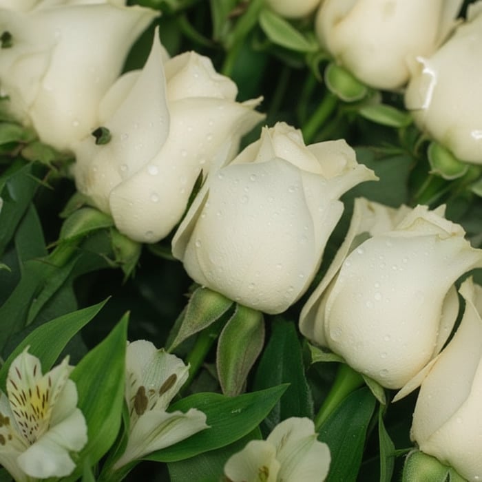 Primer plano extremo de rosas blancas frescas con gotas de rocío, hojas verdes y alstroemerias, destacando textura y vitalida