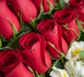 Primer plano extremo de 24 rosas rojas frescas con gotas de rocío, mostrando textura hiperrealista y colores vibrantes bajo l