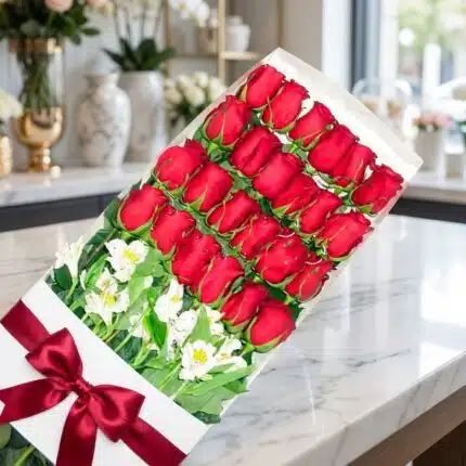 Caja de 24 rosas rojas frescas y abiertas con alstroemerias blancas, moño de satén rojo, sobre mármol pulido en floristería p