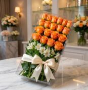 Caja transparente con 24 rosas salmón frescas y abiertas, acompañadas de alstroemerias blancas y un moño de seda color crema,