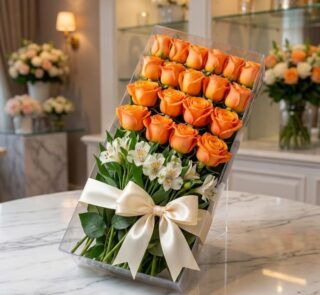 Caja transparente con 24 rosas salmón frescas y abiertas, acompañadas de alstroemerias blancas y un moño de seda color crema,