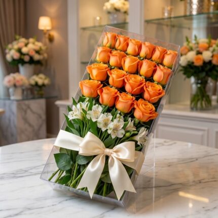 Caja transparente con 24 rosas salmón frescas y abiertas, acompañadas de alstroemerias blancas y un moño de seda color crema,