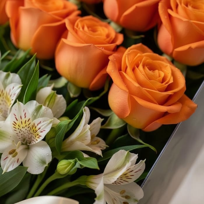 Primer plano extremo de rosas salmón frescas con gotas de rocío y alstroemerias blancas, destacando texturas y colores vibran