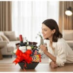 Mujer elegante admirando con deleite la Caja Amadea, un arreglo floral con vino, chocolates y rosas blancas en un hogar de lu