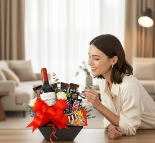 Mujer elegante admirando con deleite la Caja Amadea, un arreglo floral con vino, chocolates y rosas blancas en un hogar de lu