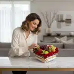 Mujer elegante admirando un arreglo floral de lujo con rosas rojas y frutas frescas en una caja en forma de corazón, sobre un