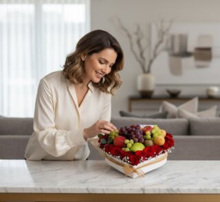 Mujer elegante admirando un arreglo floral de lujo con rosas rojas y frutas frescas en una caja en forma de corazón, sobre un
