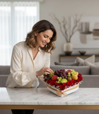 Mujer elegante admirando un arreglo floral de lujo con rosas rojas y frutas frescas en una caja en forma de corazón, sobre un