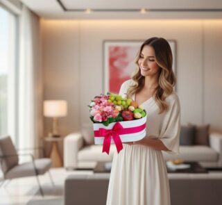 Mujer elegante sonriendo, sosteniendo una caja corazón blanca con rosas rosadas, uvas, manzanas y chocolates Ferrero, en un h