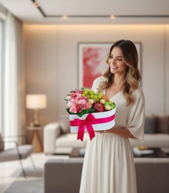 Mujer elegante sonriendo, sosteniendo una caja corazón blanca con rosas rosadas, uvas, manzanas y chocolates Ferrero, en un h