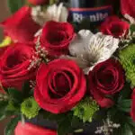 Primer plano extremo de rosas rojas frescas con gotas de rocío, lirios blancos y crisantemos verdes, parte de la Caja Floral