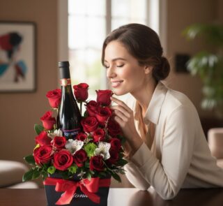 Mujer elegante admirando y oliendo una Caja Floral ENNIO con rosas rojas frescas y una botella de vino tinto, en un ambiente