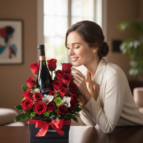 Mujer elegante admirando y oliendo una Caja Floral ENNIO con rosas rojas frescas y una botella de vino tinto, en un ambiente