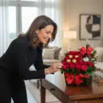Mujer elegante admirando la Caja Floral ENRICO con rosas rojas, vino y chocolates en un hogar de lujo. Regalo perfecto.