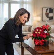 Mujer elegante admirando la Caja Floral ENRICO con rosas rojas, vino y chocolates en un hogar de lujo. Regalo perfecto.